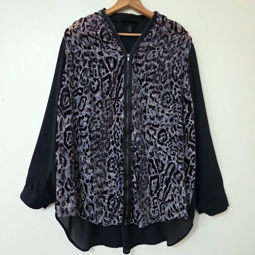 Lane Bryant Velvet Burnout Top Sz 26/28 Sheer Leopard Print Zipper Office Blouse